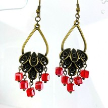Cluster Crystal Drop Dangle Earrings Red Antique Gold Tone Chandelier - £23.97 GBP