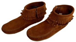 MINNETONKA Womens VTG Brown Double Fringe Moccasin Hard Sole Suede Boot Size 4 - £20.43 GBP