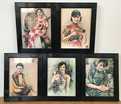 Set 5 Vtg Asian Chinese Pinups Painting Prints Women Professionally Fram... - £47.18 GBP