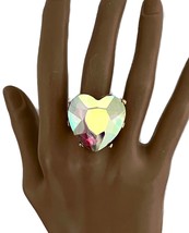 Aurora Borealis Heart Crystals Adjustable Statement Cocktail Party Fun Ring - £12.90 GBP