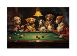 Art Print Dogs Playing Pool Oil painting Giclee on Canvas - $8.59+