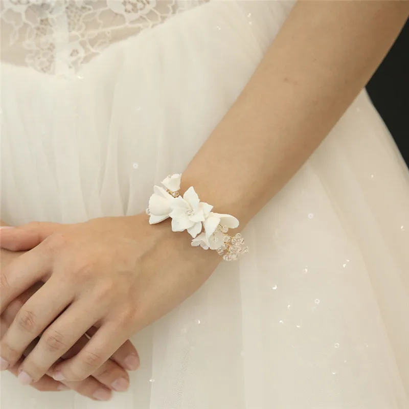 White Porcelain Flower Women Bracelet Handmade Bridal Arm Bangle Crystal Wedding - £26.66 GBP