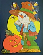 Vintage Halloween Diecut Scarecrow Crows Pumpkin Spider Large 18x13&quot; - £19.91 GBP