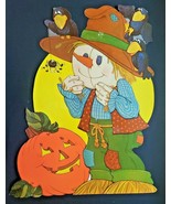 Vintage Halloween Diecut Scarecrow Crows Pumpkin Spider Large 18x13&quot; - £19.91 GBP