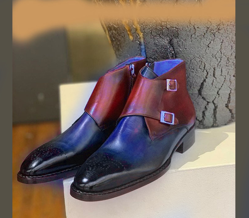 Shoes Monk Men's Two Tone Red Blue Vintage Leather Brogue High Ankle Handmade