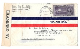 Haiti Censored 1943 Airmail Cover Sc C22 Port au Prince to US Examiner 6499 - £5.24 GBP