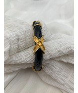 Jeanne Signed Clamper Bangle Black &amp; Gold Tone Criss-Cross Hinged Bracelet - £37.92 GBP