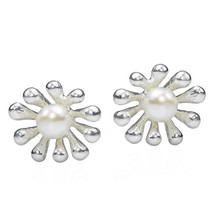Tribal Flower White Freshwater Pearl .925 Silver Post Earrings - £20.87 GBP