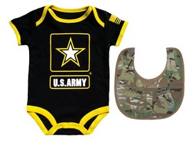 2-Piece Black Baby Bodysuit with Army Logo and Coordinating Multicam Bib - £29.65 GBP