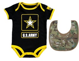 2-Piece Black Baby Bodysuit with Army Logo and Coordinating Multicam Bib - £28.41 GBP