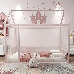 Merax Twin Size Metal House Bed Frame with Fence for Kids,Teens,Girls,Bo... - $259.99
