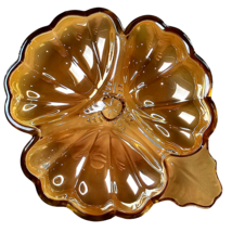 Vtg Amber Marigold Carnival Glass 3 Leaf Section Luster Clover Candy Nut Dish 6&quot; - £14.34 GBP