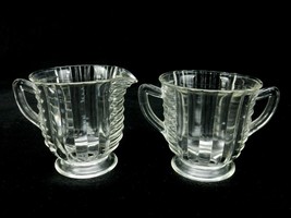 Glass Creamer &amp; Sugar Bowl, Footed Base, Vertical Ribs, Horizontal Bars,... - £11.51 GBP