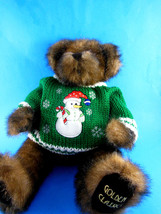 14&quot;Teddy Bear Plush FIESTA Faux Mink Fully jointed w Christmas Snowman sweater  - £19.32 GBP