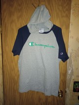 Champion Hoodie Shirt Men&#39;s Size Large Short Sleeve Pocket Gray W/ Blue Sleeves - $14.52