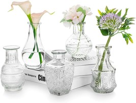 Vintage Clear Glass Bud Vase, Glasseam Set Of 5 Crystal Small Mini Flower Decor - £31.21 GBP