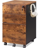 Devaise 3 Drawer Rolling File Cabinet With Lock, Rustic Brown Wood Under... - £91.41 GBP