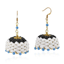 Elegant Hand-Woven Black and White Basket with Blue Crystal Dangle Earrings - £9.38 GBP