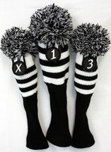 Black Sock Retro Headcover 3 piece Set Head covers knit Pom Pom Vintage 1 3 X - £27.94 GBP