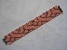 Bracelet: Geometric Motif, Salmon &amp; Bronze, Peyote Stitch, Tube Clasp - £30.60 GBP