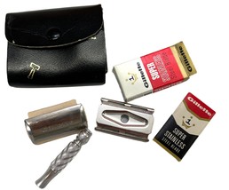 Vintage 1964 Gillette Travel Tech DE Safety Razor Set in Leather Case - $40.88