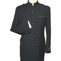 Mens APOLLO KING Banded Collarless suit Chinese Mandarin Wide leg AG92 navy blue image 2