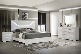 Elara Queen Gray 4-Pcs Two-Tone Gloss Marble Lacquer LED Bedroom Set NJ - $3,059.08 CAD