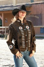 Women&#39;s Western Style Brown Bone Beads Patches Suede Fringed Real Leather Jacket - £140.99 GBP