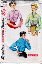 Vintage 1950's Misses' SHIRTS Simplicity Pattern 4813-s Size 12 - $15.00
