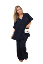 Button Pleated Frill Ruffle Top and Wide Leg Trouser Co-ord Set - $34.99