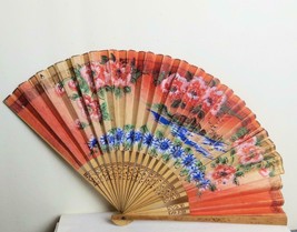 Vintage Bamboo and Paper Fan Hand Painted 8 Inch - £11.65 GBP
