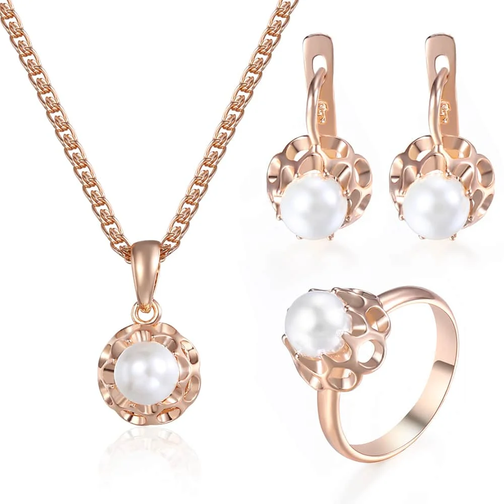 Jewelry Sets Simulated Pearl Bead Ball Stud Earring Ring Pendent Necklace Set Fo - £11.89 GBP