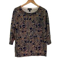 Lands End Crew Neck Sweater Navy Blue Paisley 3/4 Sleeves 100% Supima Co... - $16.83