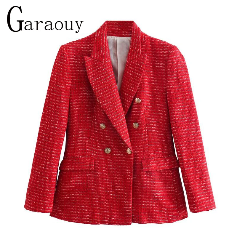 Garaouy  Spring Autumn Women Suit Tweed Blazer Office Lady Lapel Long Sleeve Tex - £180.89 GBP