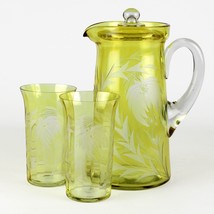 Tiffin Yellow Floral Cut to Clear Covered Pitcher &amp; Glasses Set, Antique... - $85.00