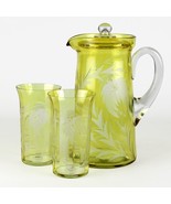 Tiffin Yellow Floral Cut to Clear Covered Pitcher &amp; Glasses Set, Antique... - £67.73 GBP