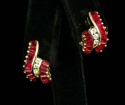 2.50CT Baguette Cut Red Ruby &amp; Diamond Huggie  Earrings 14K Yellow Gold Over - £81.59 GBP