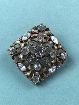 Vintage Ornate Antique Goldtone Square w Clear Rhinestone Accents Pin Brooch –  - £11.94 GBP