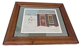 Vintage Framed Warren Kimble Snowman &amp; Bunny Print 17&quot; X 14&quot; Green Matting House - $49.49