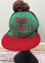 &quot;Your Sweater Is Ugly&quot; Green &amp; Red Strap Back Christmas Hat Cap w/ Pom Pom - £17.07 GBP