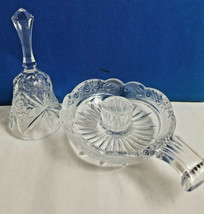 Vanity Dresser Set Crystal Clear Pressed Glass Bell &amp; Candle Holder - $562.94 MXN