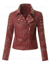 New Woman&#39;s Maroon Brando Eyelets Unique Punk Cowhide Biker Leather Jack... - $176.69+