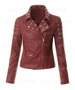New Woman&#39;s Maroon Brando Eyelets Unique Punk Cowhide Biker Leather Jack... - $189.99+