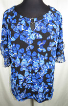 Adrienne Vittadini Blue Butterfly Print Blouse,Lace Trimmed Sleeves, Plus Sz 3X - £23.46 GBP
