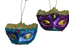 Midwest-CBK Mardi Gras Face Mask Glass Ornaments Set of 2 nwt - £12.25 GBP