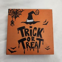 Trick Or Treat Small Wood Sign Decor Orange Black Witch Hat Spider Bats - £7.79 GBP