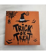 Trick Or Treat Small Wood Sign Decor Orange Black Witch Hat Spider Bats - £7.80 GBP