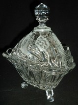 VINTAGE CUT &amp; ETCHED BIRDS CLEAR CRYSTAL GLASS TRIANGLE LIDDED FOOTED CA... - $24.00