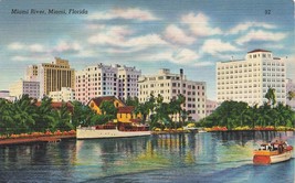Florida Fl Miami Downtown Skyline View From Miami River Boats Linen K43 - £5.57 GBP