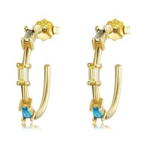 Gold Colorful Square Crystal Hoop Earrings 925 Sterling Silver Stud Earrings for - £16.06 GBP